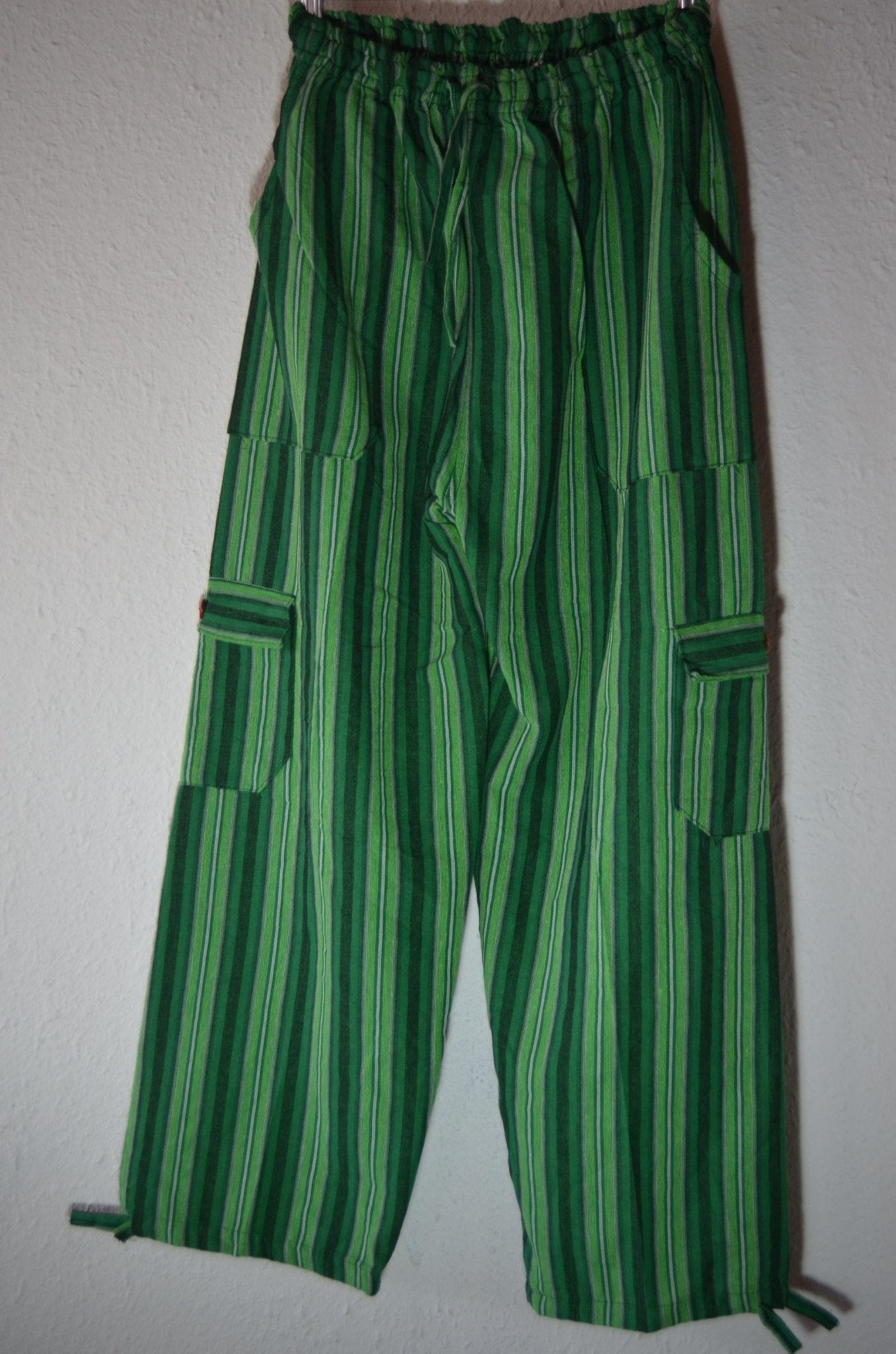 Green striped loose fit handmade alpaca hippie pants with side pockets.