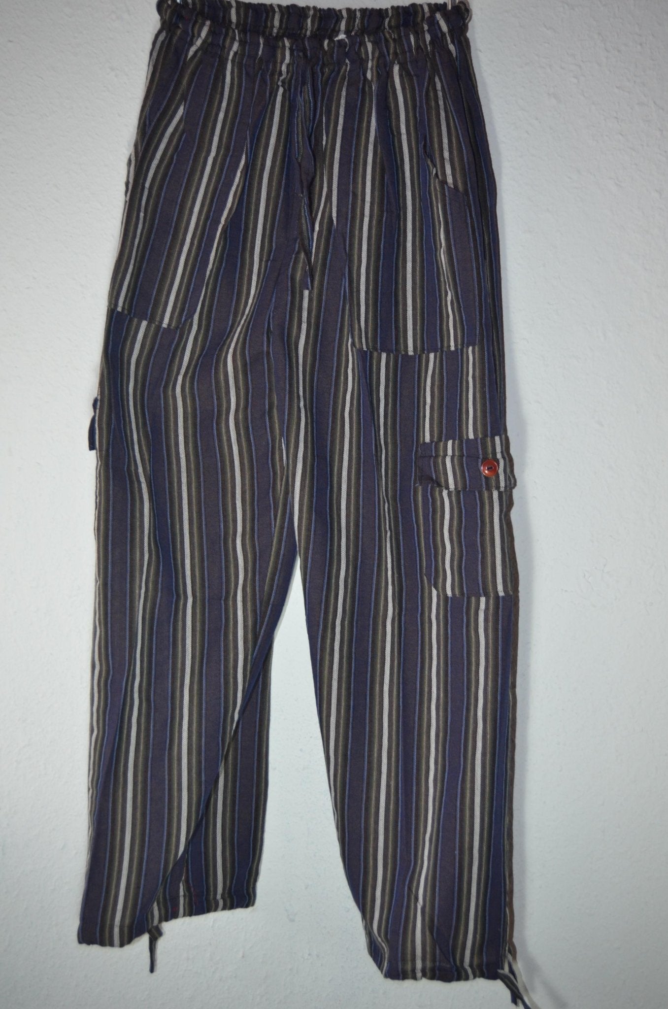 Handmade Peruvian pants with vertical stripes in dark blue and beige, loose fit, alpaca blend fabric.