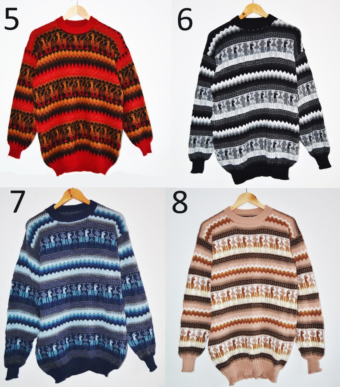 Handmade alpaca wool sweater in red with black and orange geometric patterns .