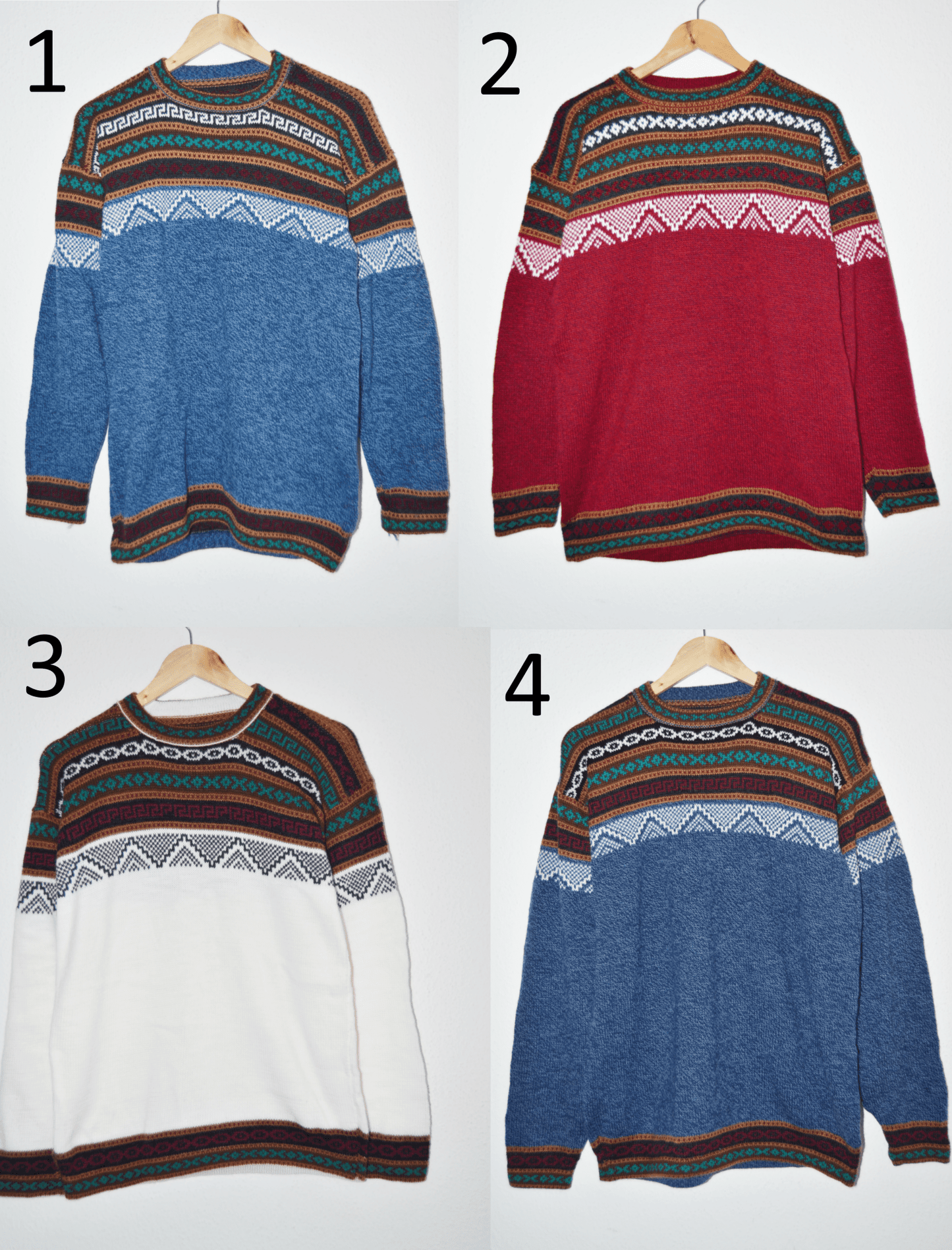 Four handmade alpaca sweaters in blue, red, white, and navy with colorful geometric patterns on yokes.