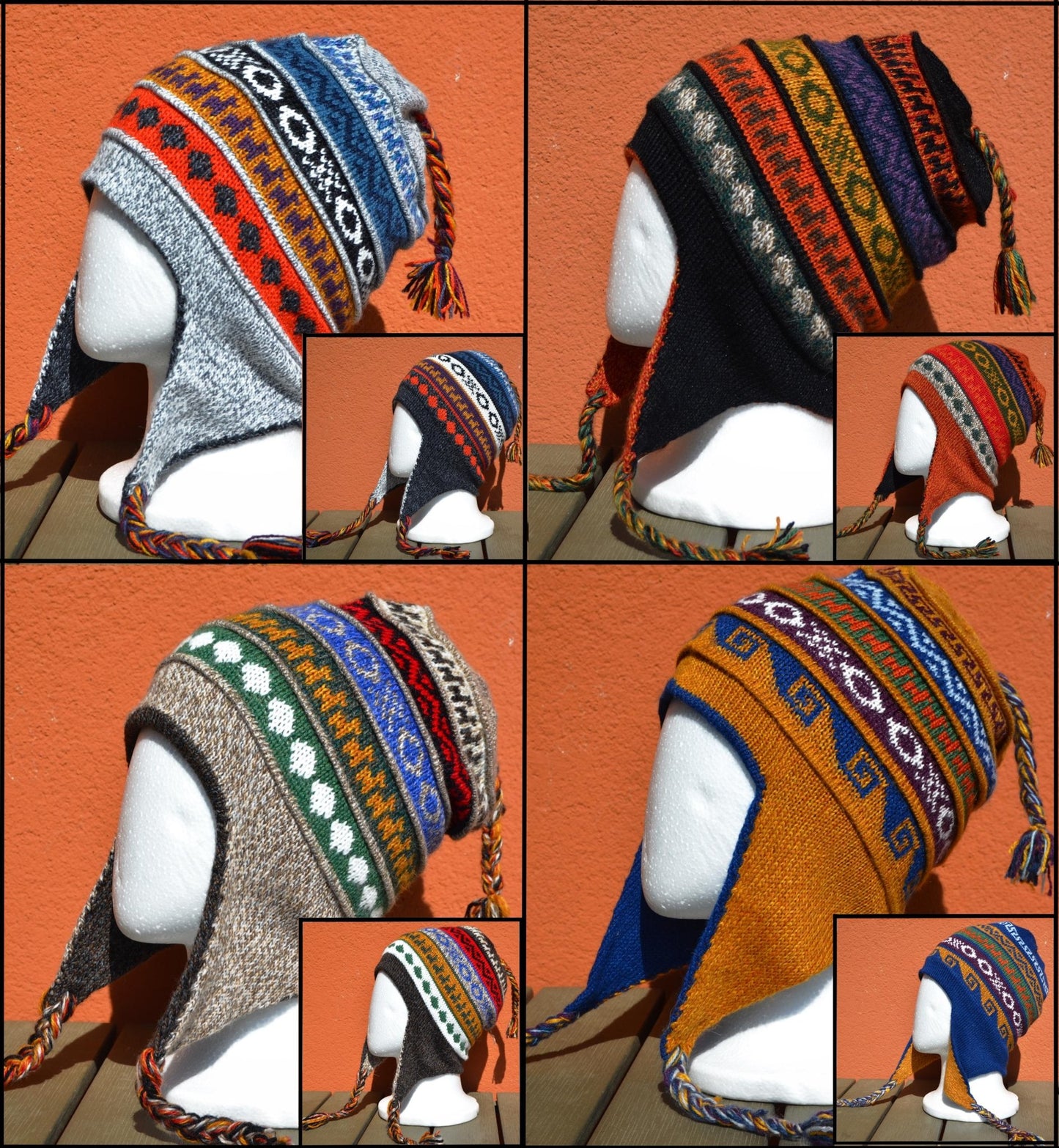Handmade alpaca chullo hat with earflaps in colorful geometric patterns, double-sided and reversible, shown in orange,.