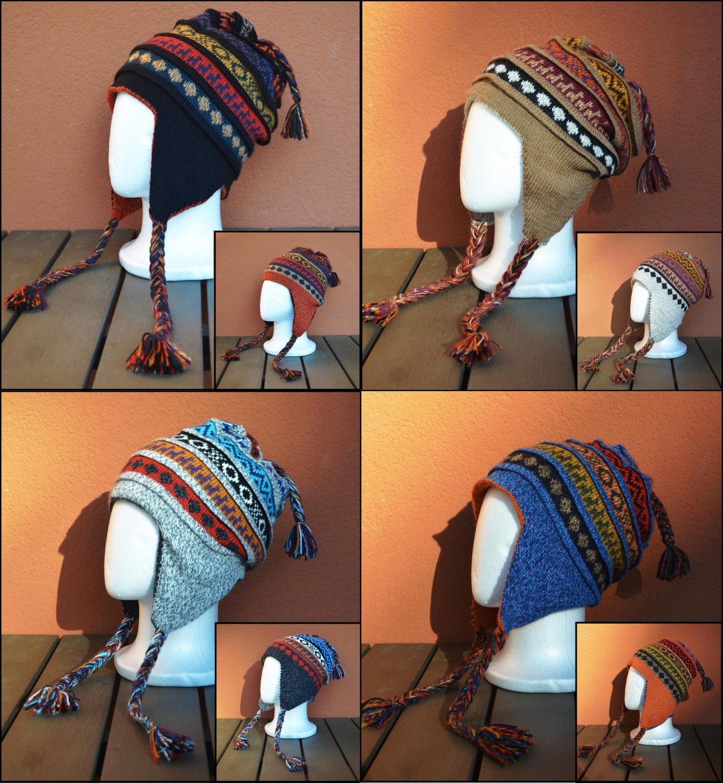 Handmade alpaca chullo winter hat with earflaps in multicolor tribal patterns, reversible design shown in navy, tan, gray,.