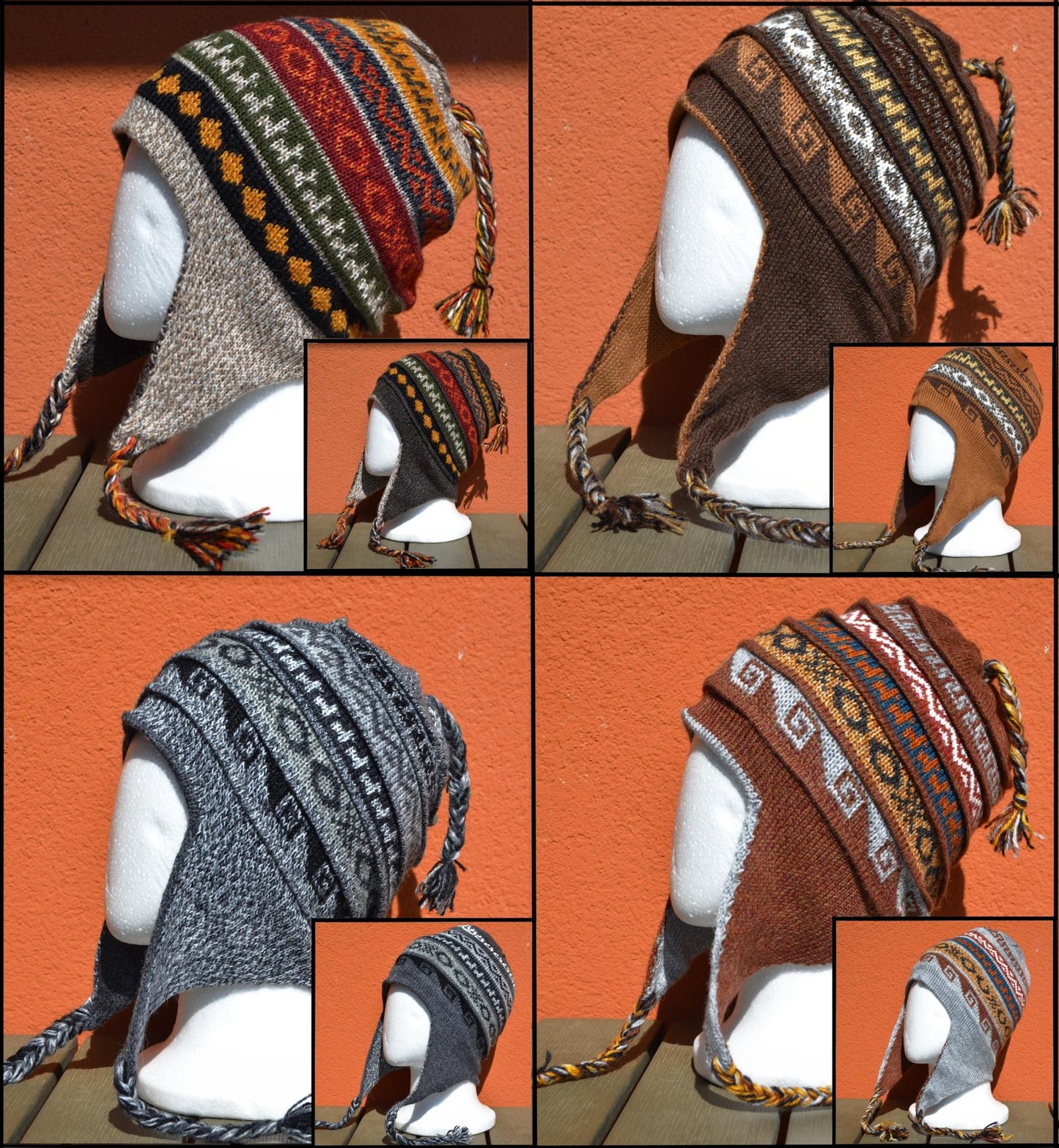Handmade alpaca chullo hat with earflaps in colorful Andean patterns, reversible design.