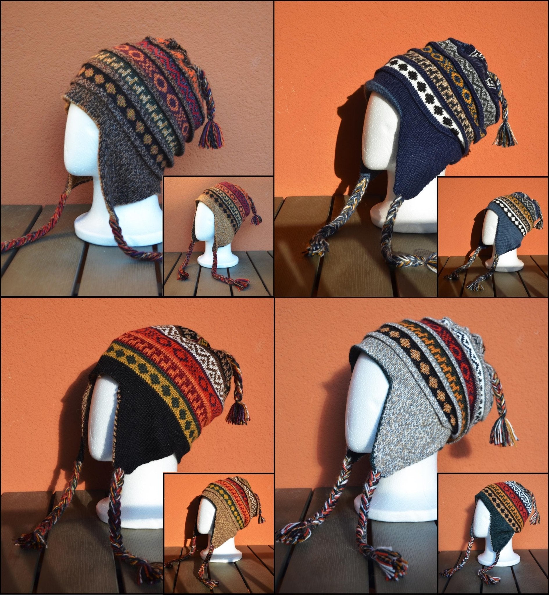 Handmade alpaca chullo hat with earflaps, featuring colorful Andean tribal patterns and braided tassels, reversible design.