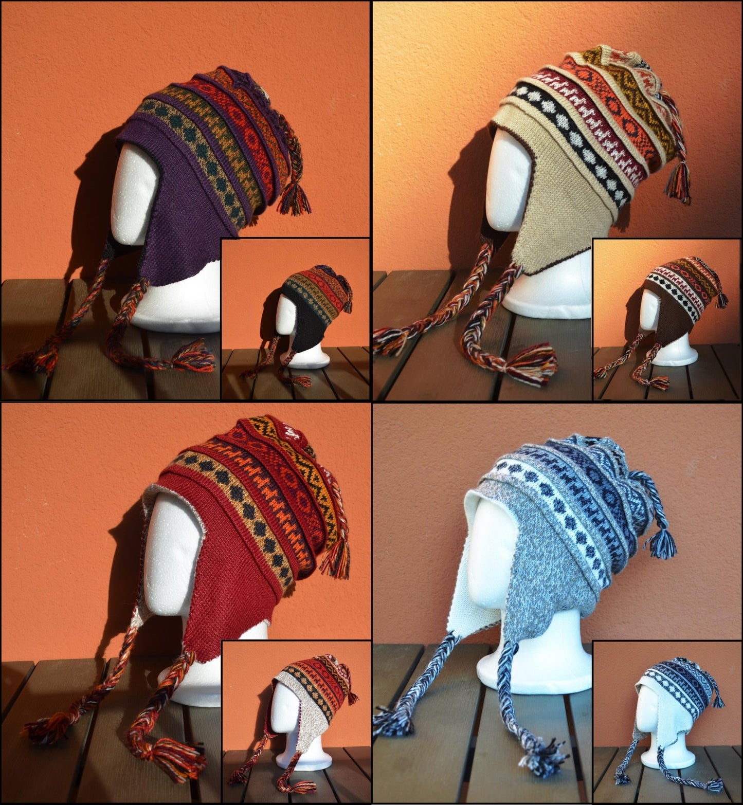 Handmade double-sided alpaca winter hat with earflaps in vibrant red and orange patterns, reversible to neutral cream with.