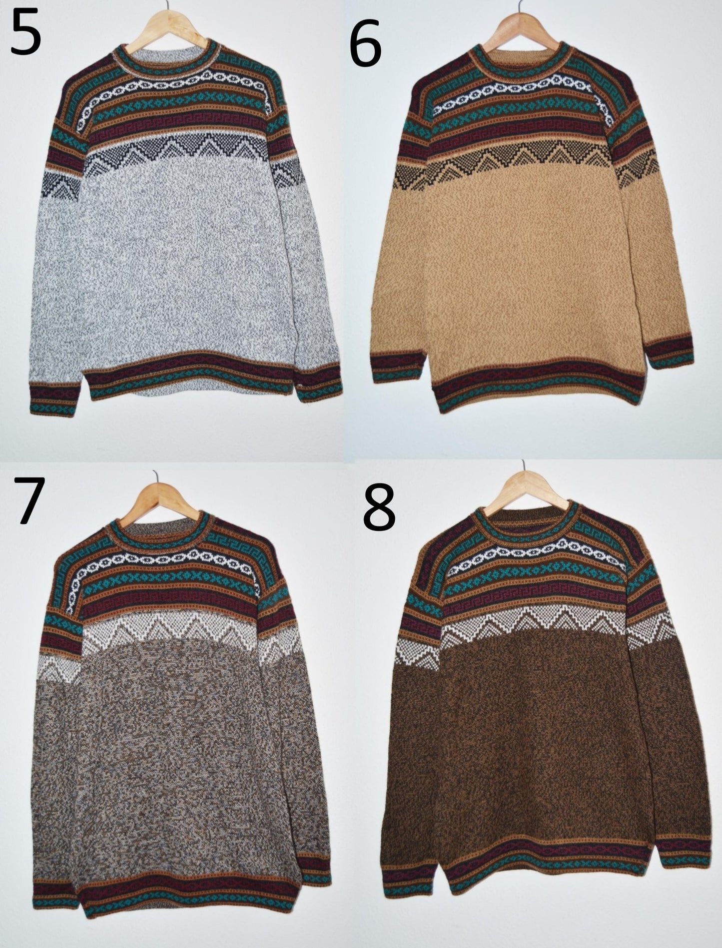 Handmade alpaca sweater with multicolor geometric yoke, shown in light grey, beige, mixed grey, and dark brown variants.